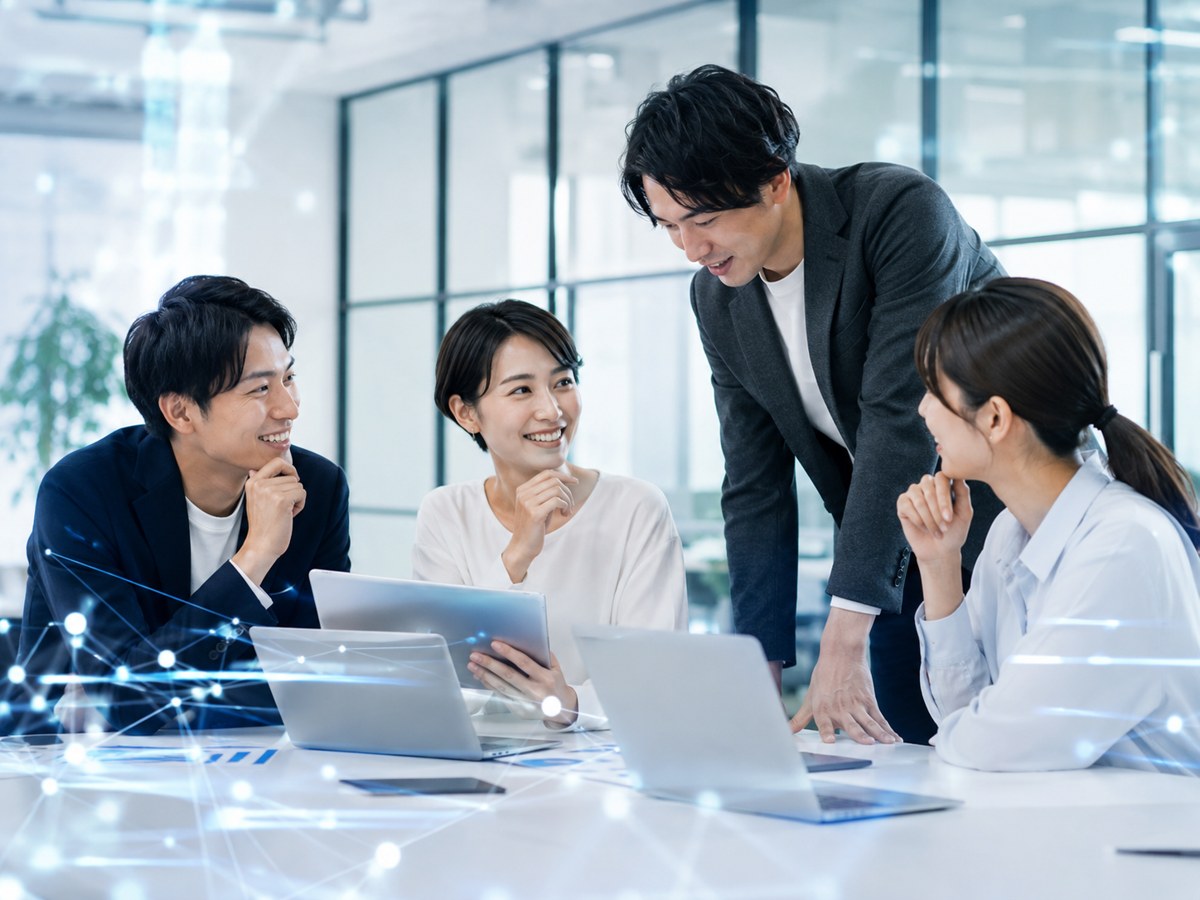 明るいオフィスでシステム開発について話し合うチームのイメージ